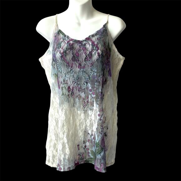 VTG Weavers Y2K Sheer Lace Cami Tank Top Women XL Cream Purple Fairy‎ Grunge NWT - Picture 1 of 7